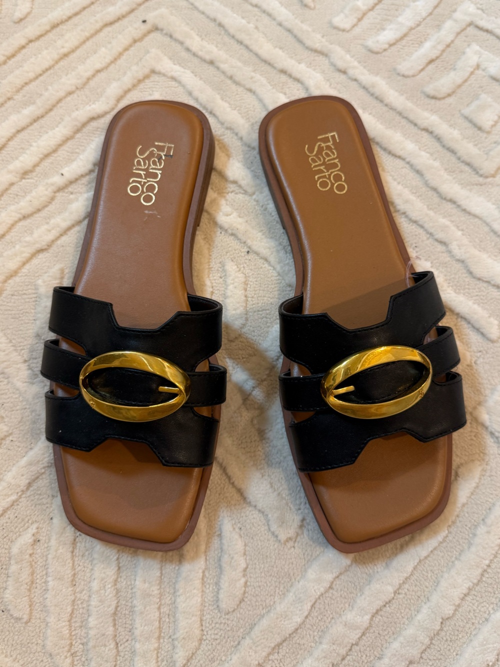 Franco Sarto Black Slide Sandals with Gold Oval Accent